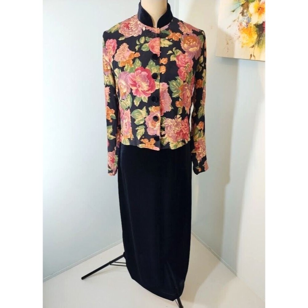 Coldwater Creek Womens Black Velvet Dress Floral Jacket size 6 Long Buttons 2 pc